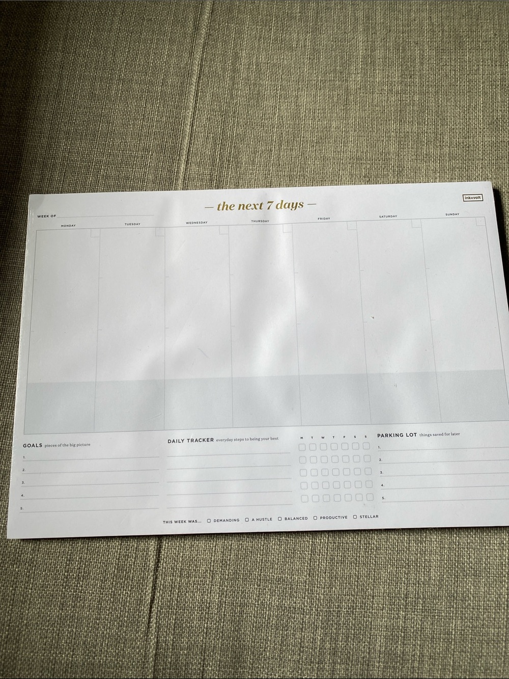 Ink+Volt Weekly Desk Pad Planner in White with Gold Header